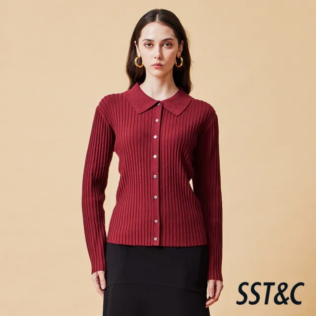 【SST&C】女裝 豎紋羊絨開襟針織衫-酒紅-825212173013(換季55折)