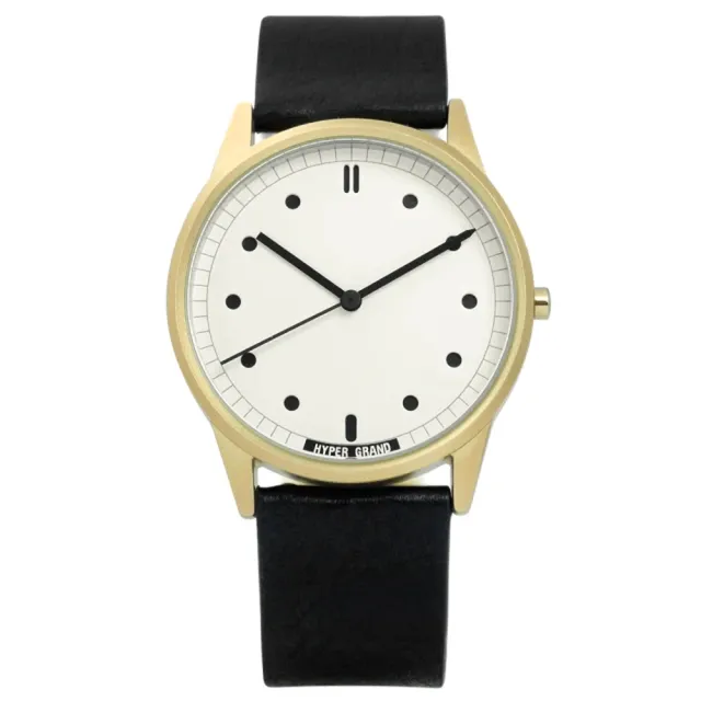 【HyperGrand】Classic Black 極簡工業風真皮手錶 米白x金框x黑 38mm(CW01GWBLK)