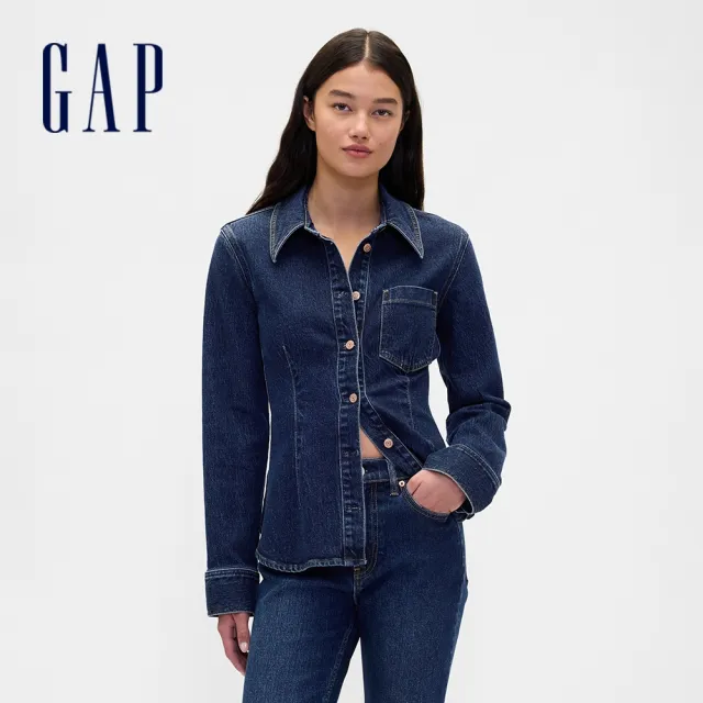 【GAP】女裝 翻領長袖牛仔襯衫-深色水洗(843564)