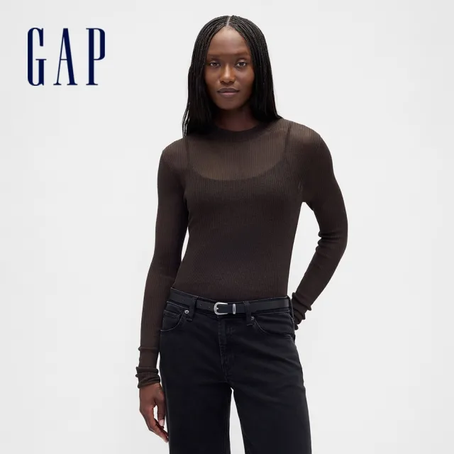 【GAP】女裝 圓領長袖針織衫-深棕色(844755)