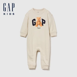 【GAP】嬰兒裝 小熊刺繡印花圓領長袖包屁衣/連身衣-米色(846848)