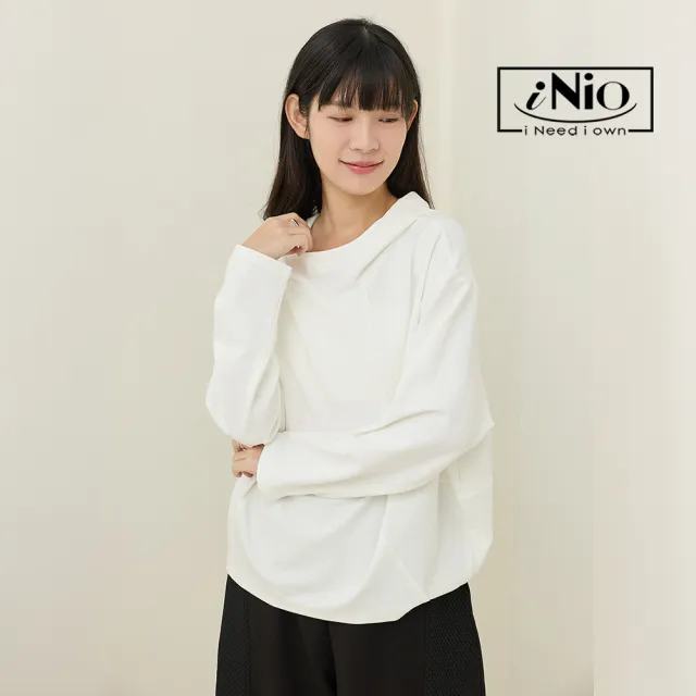 【iNio 衣著美學】微套領拼接長袖上衣 落肩寬鬆保暖舒適帽T(CEW1820)