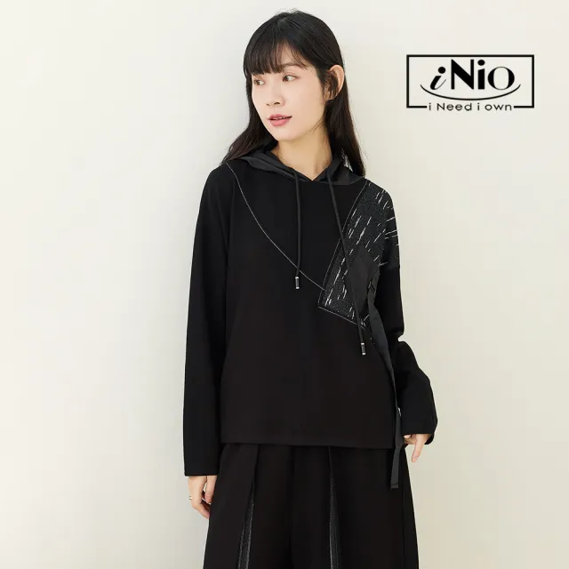 【iNio 衣著美學】單側拼接舒適長袖連帽上衣 律動飄帶時尚帽T(CEW1829)