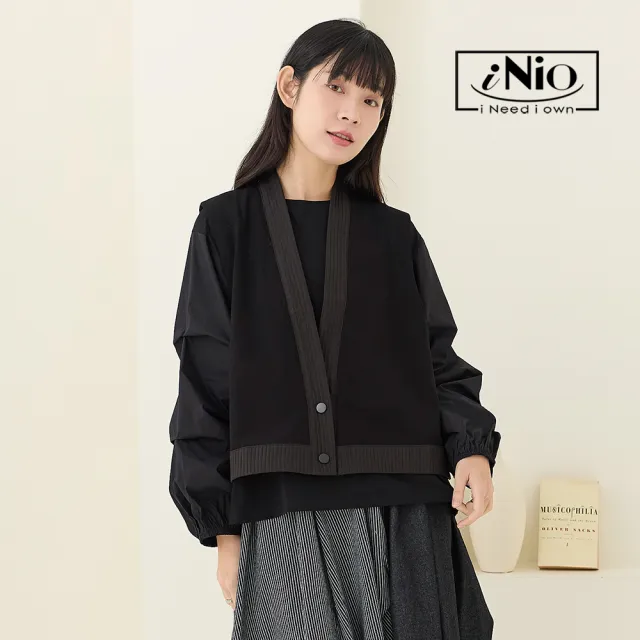 【iNio 衣著美學】V字拼接顯瘦背心外套 單側飄帶拼接 舒適背心(CEW4806)