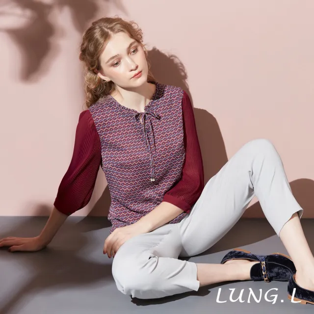 【LUNG.L 林佳樺】LT20A 紅色幾何碎花拼接壓褶雪紡七分袖女裝上衣(秋冬新品)