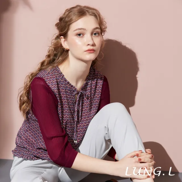 【LUNG.L 林佳樺】LT20A 紅色幾何碎花拼接壓褶雪紡七分袖女裝上衣(秋冬新品)