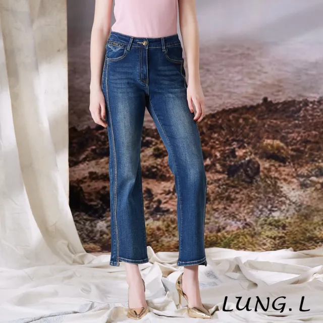 【LUNG.L 林佳樺】LT60E 藍色側邊鑽飾修身微喇女裝牛仔長褲(秋冬新品)