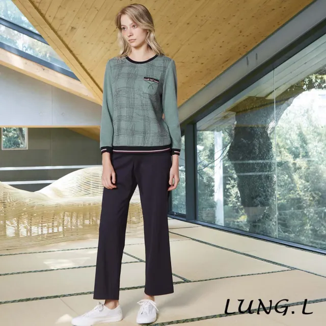 【LUNG.L 林佳樺】LT52A 灰綠色格紋繡線印花保暖長袖女裝上衣(秋冬新品 保暖)