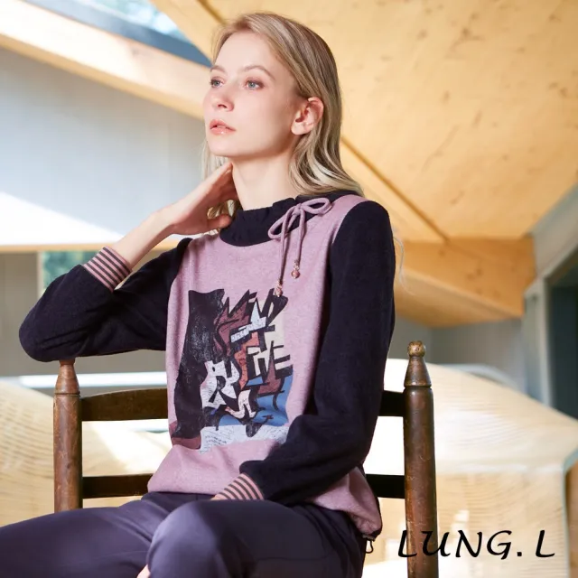 【LUNG.L 林佳樺】LT67A 藍色拼接粉色印花保暖長袖女裝上衣(秋冬新品 加大尺碼 保暖)