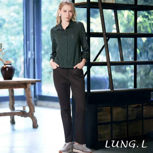 【LUNG.L 林佳樺】LT27A 墨綠色滿版小幾何印花針織長袖女裝襯衫(秋冬新品 加大尺碼)