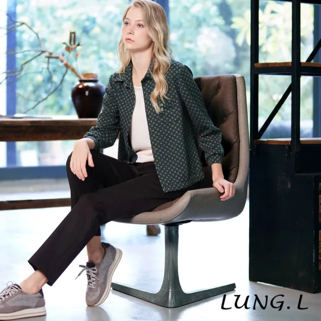 【LUNG.L 林佳樺】LT27A 墨綠色滿版小幾何印花針織長袖女裝襯衫(秋冬新品 加大尺碼)