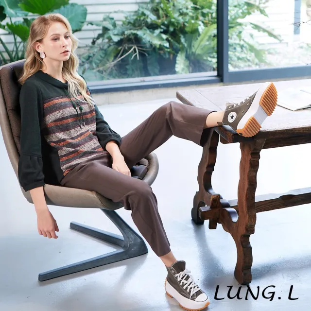 【LUNG.L 林佳樺】LT46A 綠色拼接條紋造型領長袖女裝上衣(秋冬新品 加大尺碼 保暖)