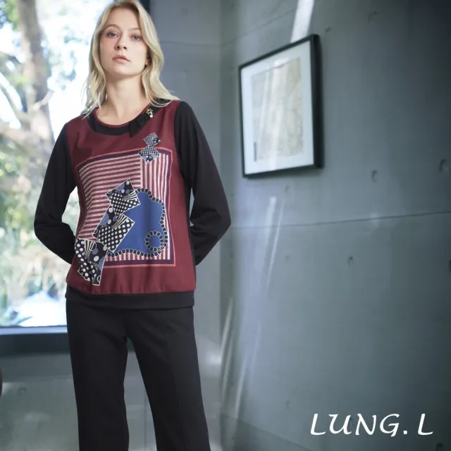 【LUNG.L 林佳樺】LU12A 酒紅幾何圖案拼接黑色點綴蝴蝶結長袖女裝上衣(秋冬新品 加大尺碼)