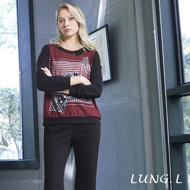 【LUNG.L 林佳樺】LU12A 酒紅幾何圖案拼接黑色點綴蝴蝶結長袖女裝上衣(秋冬新品 加大尺碼)