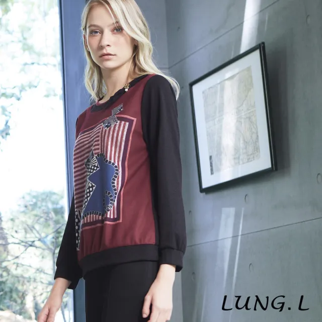 【LUNG.L 林佳樺】LU12A 酒紅幾何圖案拼接黑色點綴蝴蝶結長袖女裝上衣(秋冬新品 加大尺碼)