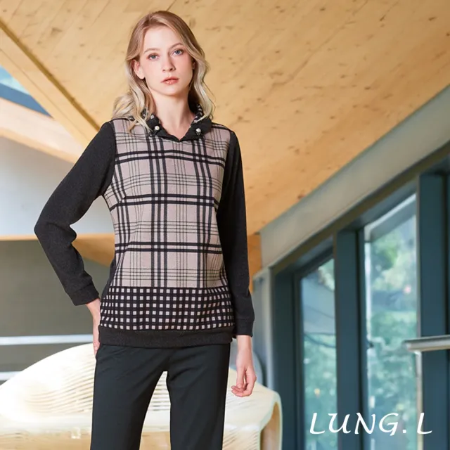 【LUNG.L 林佳樺】LU09A 卡其色格紋拼接黑灰色保暖長袖女裝上衣(秋冬新品 加大尺碼)