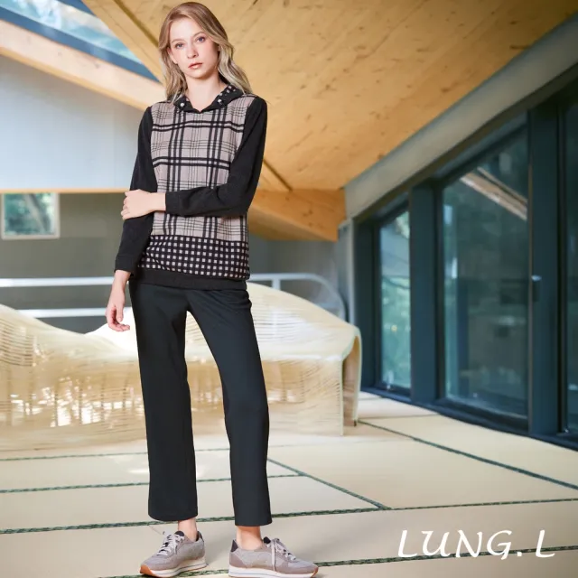 【LUNG.L 林佳樺】LU09A 卡其色格紋拼接黑灰色保暖長袖女裝上衣(秋冬新品 加大尺碼)