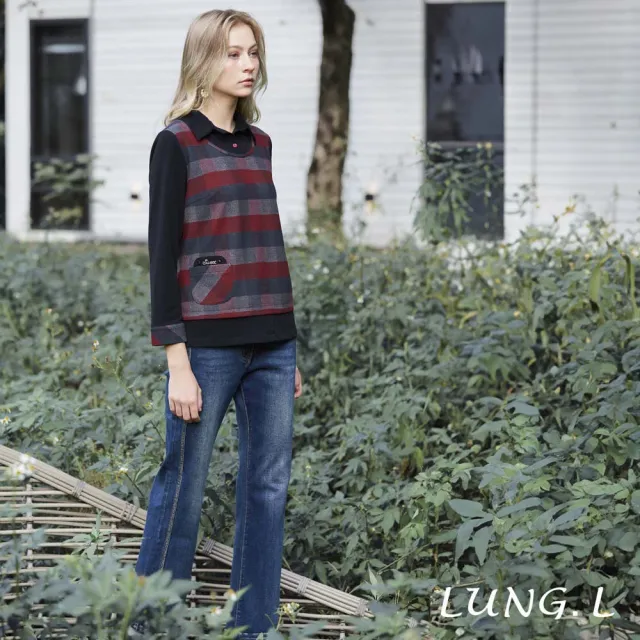 【LUNG.L 林佳樺】LU06A 藍色拼接酒紅深灰格紋假兩件長袖女裝上衣(秋冬新品 保暖)