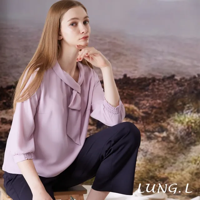 【LUNG.L 林佳樺】LT04A 粉紫色造型領巾設計雪紡七分袖女裝上衣(秋冬新品)