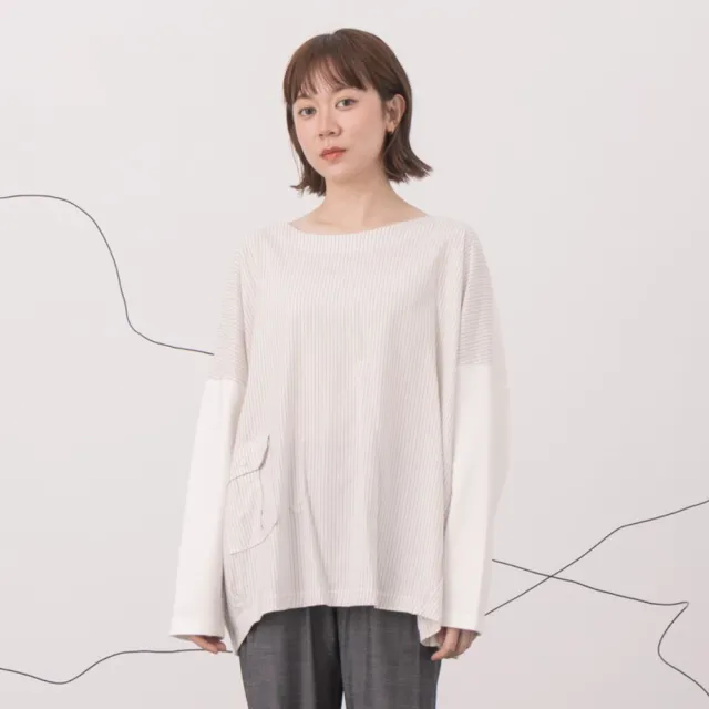 【MOSS CLUB】異材質條紋拼接落肩長袖上衣(藍 白)