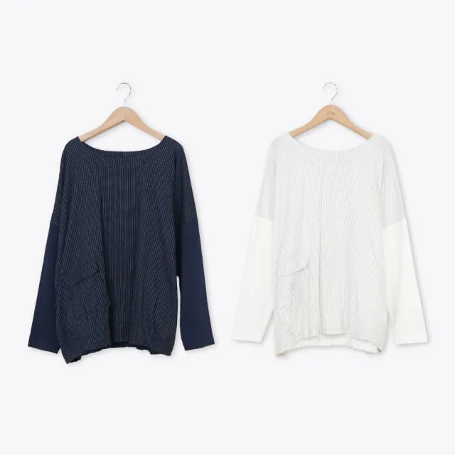 【MOSS CLUB】異材質條紋拼接落肩長袖上衣(藍 白)