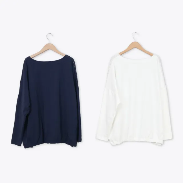【MOSS CLUB】異材質條紋拼接落肩長袖上衣(藍 白)