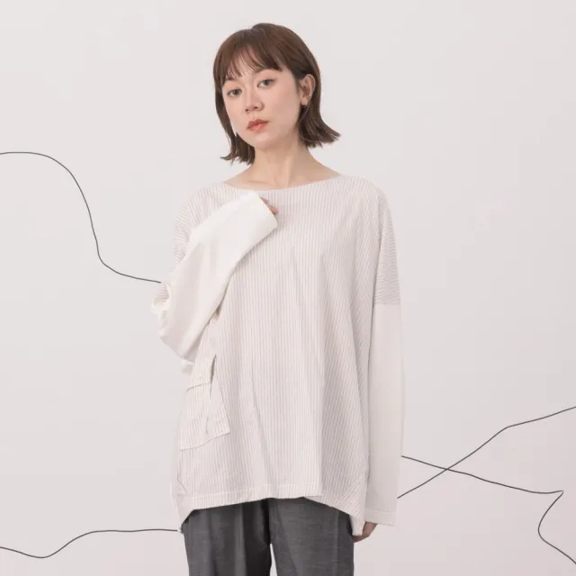 【MOSS CLUB】異材質條紋拼接落肩長袖上衣(藍 白)