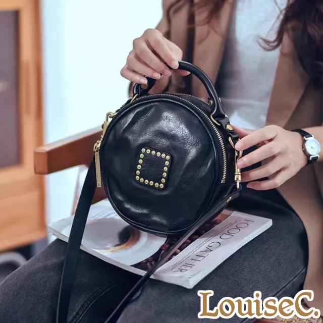 【LouiseC.】雙11 Tree House 牛皮洗水做舊個性復古鉚釘手提肩背斜背小圓真皮包-黑色(GK0007-05)