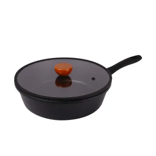 【LMG】黑曜石系列極耐磨深炒鍋26cm附玻璃鍋蓋-IH爐可用鍋(不沾鍋 適用各種爐具 附鍋蓋)