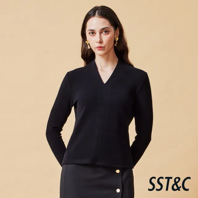 【SST&C】女裝 黑色V領羊絨彈性T-shirt-825212192033(換季55折)
