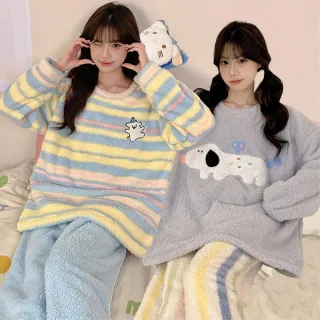 【NEW FORCE】萌心可愛珊瑚絨居家套裝(長袖睡衣/居家套裝/可愛睡衣/秋冬睡衣/珊瑚絨睡衣/法蘭絨套裝)