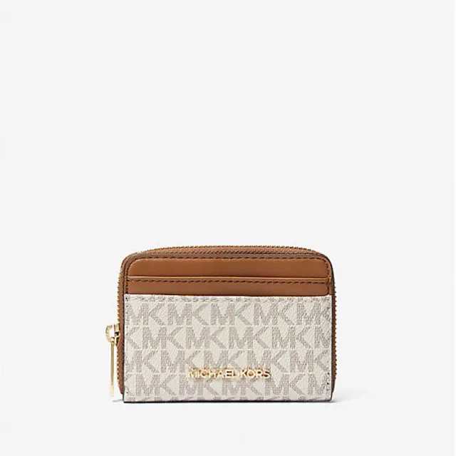 【Michael Kors】Michael Kors Jet Set Travel 中型 Logo 拉鍊卡包/白+咖啡35H9GTVZ2B