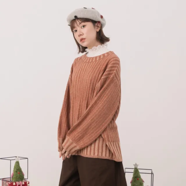 【MOSS CLUB】配色坑條寬鬆落肩針織上衣(藍 綠 駝/魅力商品)