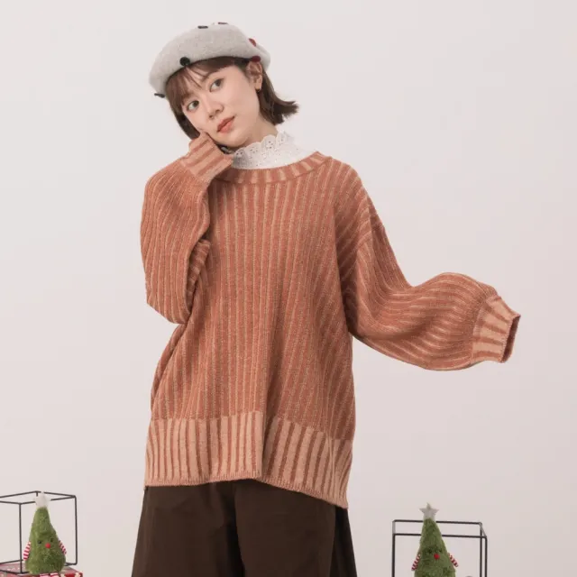 【MOSS CLUB】配色坑條寬鬆落肩針織上衣(藍 綠 駝/魅力商品)
