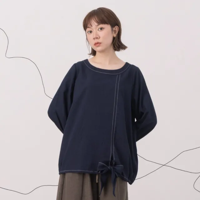 【MOSS CLUB】撞色車線下襬綁結長袖上衣(藍 粉 米/魅力商品)