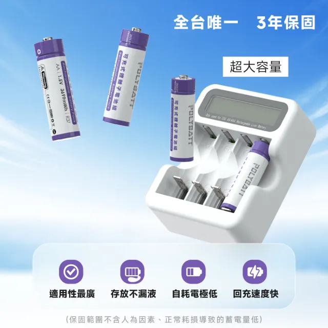 【POLYBATT】3號AA/4號AAA 可充式鋰電池+專用液晶顯示充電器(8顆電池)