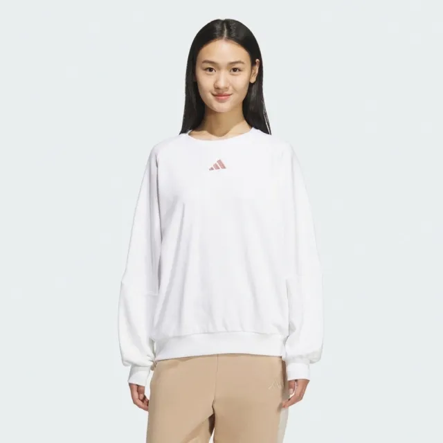 【adidas 愛迪達】愛迪達 Word Ft Crew 女 長袖上衣 休閒長袖 白 棕 亞版(JZ8448)
