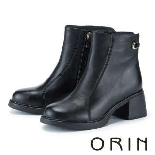 【ORIN】羊皮側釦環質感中跟短靴(黑色)