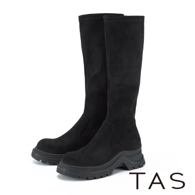 【TAS】親膚彈力絨布修腿厚底長靴(黑色)