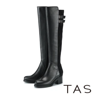 【TAS】氣質真皮拼彈力絨修腿膝上靴(黑色)