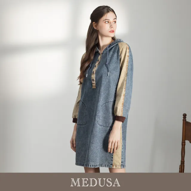 【MEDUSA 曼度莎】現貨-率性牛仔拼接連帽休閒洋裝（M-XL）｜連帽洋裝 牛仔拼接 韓系穿搭(701-72606)