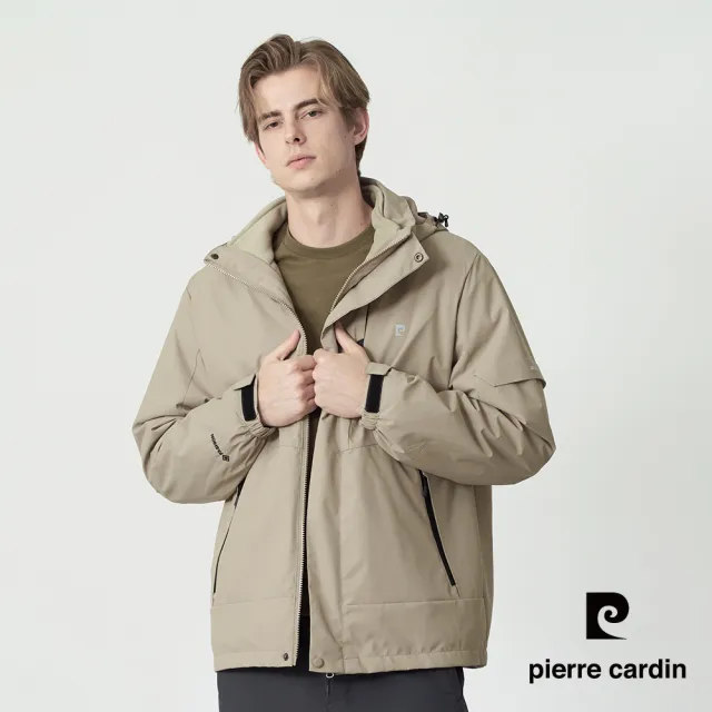 【pierre cardin 皮爾卡登】休閒服飾 男款 連帽可拆3合1兩件式機能外套-卡其色(5255781-83)
