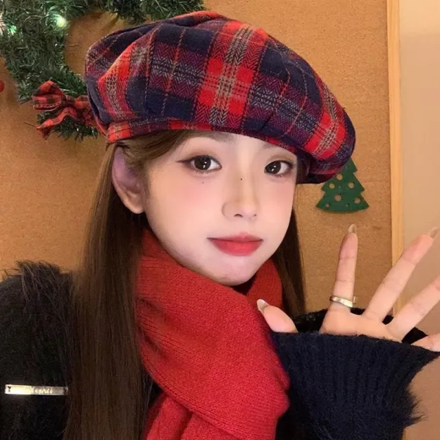 【橘魔法】英倫黑紅格紋貝雷帽(女 大人 報童帽 畫家帽 貝蕾帽 帽子 聖誕節 耶誕 大紅 過年 新年 女裝)