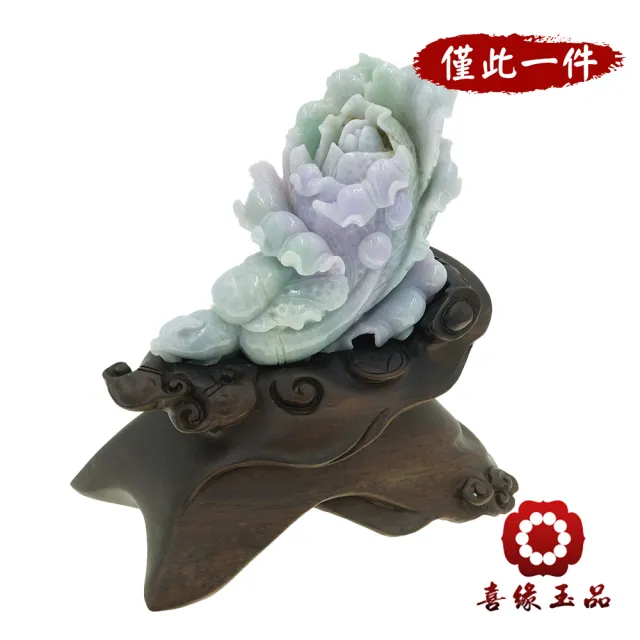 【喜緣玉品】白菜百財 天然翡翠A貨 春帶彩 翠葉金心 風水擺設 擺件-僅此一品-僅此一品(開運風水)(直)