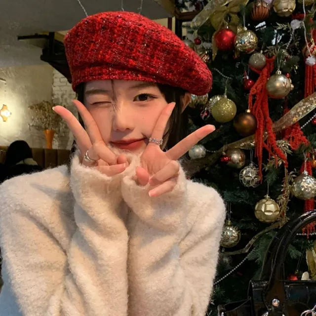 【橘魔法】亮紅編織毛呢貝雷帽(女 大人 報童帽 畫家帽 貝蕾帽 帽子 聖誕節 耶誕 大紅 過年 新年 女裝)