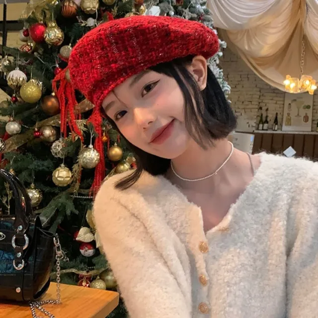 【橘魔法】亮紅編織毛呢貝雷帽(女 大人 報童帽 畫家帽 貝蕾帽 帽子 聖誕節 耶誕 大紅 過年 新年 女裝)