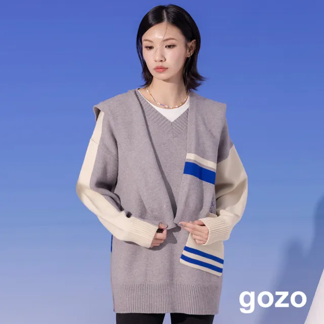 【gozo】滑雪女王配色大口袋V領針織毛衣(兩色)