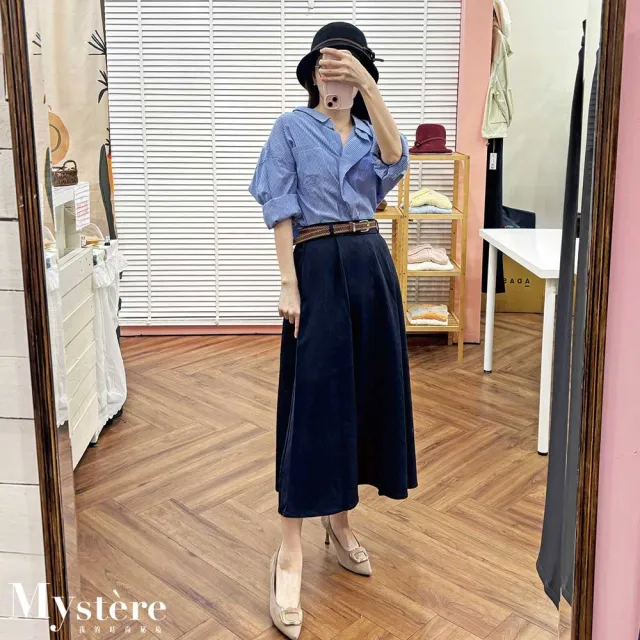 【my stere 我的時尚秘境】雙11 復古百搭A字裙 附腰帶 兩色(腰帶可拆 中長裙 小個女孩長裙 傘裙