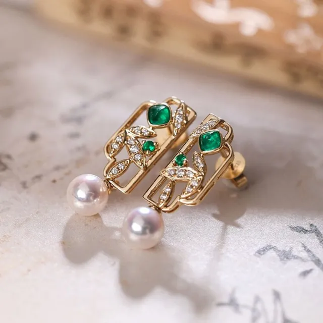 【海斯珠寶】小軒窗系列 18K金竹葉新中式耳環 0.16ct 哥倫比亞糖塔祖母綠 5.5-6mm 日本Akoya珍珠