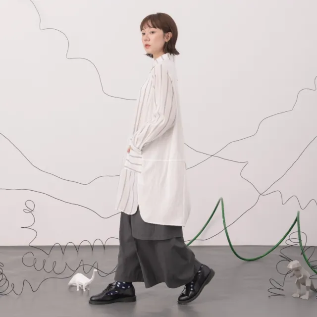 【MOSS CLUB】條紋泡泡薄棉幾何口袋開襟襯衫洋裝(黑 白)